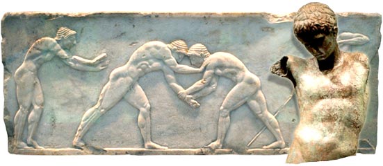 Wrestlers are seen on 510 B.C. sculpture, at the National Archaeological Museum in Athens