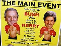George Bush ve John Kerry boks eldivenleriyle gösteren bir afiş
