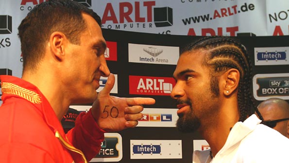 Wladimir Klitschko and David Haye eye each other