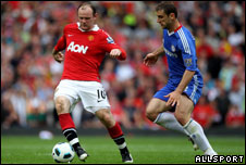 Wayne Rooney of Manchester United (l) and Branislav Ivanovic of Chelsea