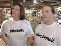 Women wearing t-shirts emblazoned with Windogs and Knuckerhole