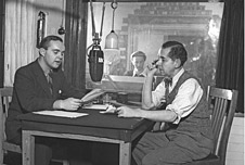 Two presenters in a BBC recording studio in 1943