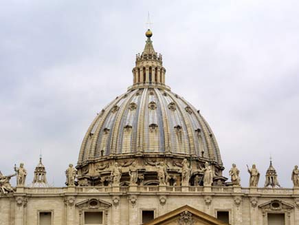 Dome of Saint Peter's Basilica with statues of the saints along the top of the walls