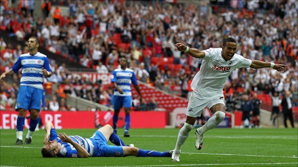 Scott Sinclair (right) celebrates scoring for Swansea in the Championship play-off final.