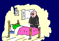 Father Coyle watching as the blankets rise and fall on an empty bed, as if someone underneath is breathing. Cartoon by Brian Willis.