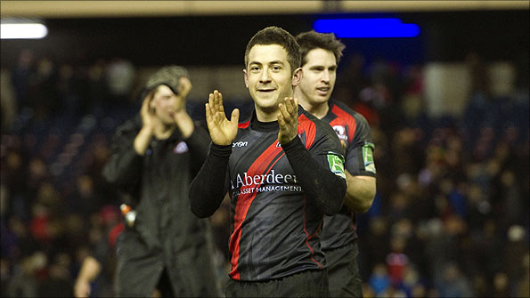 Edinburgh fly-half Greig Laidlaw celebrates after his side beat London Irish