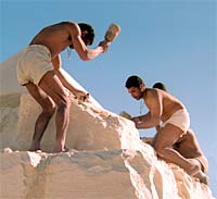 A reconstruction of pyramid-builders working on the Great Pyramid