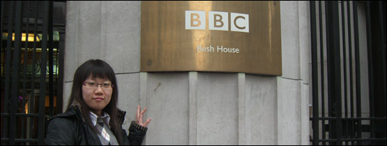 Han Hui outside the BBC building in London