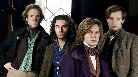 (l-r) Rafe Spall as William Holman Hunt, Aidan Turner as Dante Gabriel Rossetti, Samuel Barnett as John Millais, Sam Crane as Fred Walters