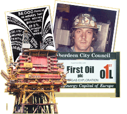Montage of an oil rig, an advertising poster, a cartoon and an oil worker.