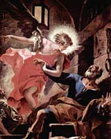 A glowing angel appearing to a shocked-looking Peter in his prison cell