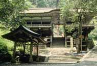 Wooden shrine building in traditional Japanese style