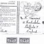 This is the envelope the letter was sent in showing the censor's stamp. Also showing are the stamps he mentions in the letter