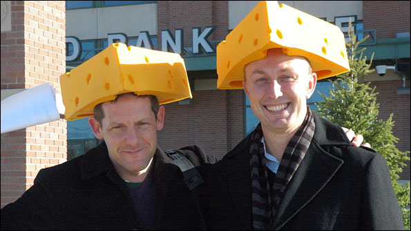 Greg and Neil don their Cheesehead hats
