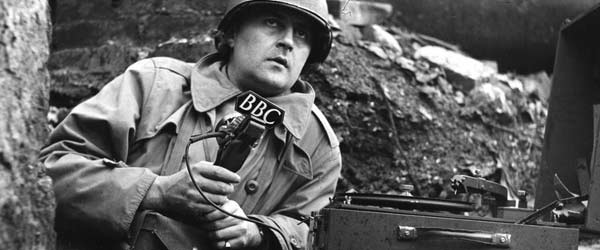 BBC War Correspondent Robin Duff reporting from the front line with a BBC special issue 'midget' recorder