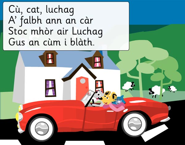 Cù, cat, luchag, A' falbh ann an càr, Stoc mhòr air Luchag, Gus an cùm i blàth.