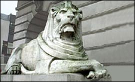 one of the stone lions watching over Old Market Square