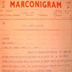 Photograph of the ACTUAL Marconigram received aboard SS Rancher on 8th May 1945