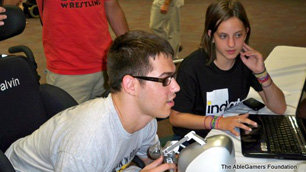 Two people playing a computer game.