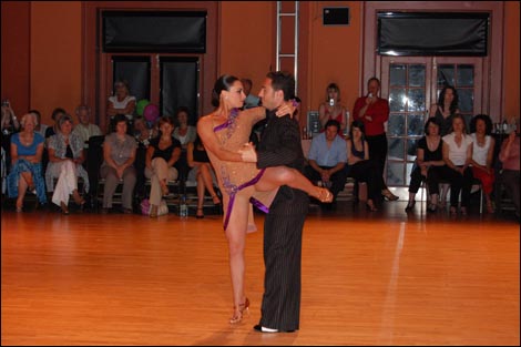 Flavia and Vincent dancing at the Forum Theatre in Malvern as part of BBC Hereford & Worcester's Summer of Salsa.