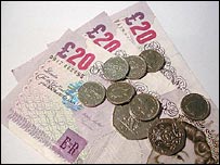 Twenty pound notes and coins