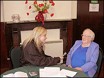 Helen Skelton talking to Lillian Barker