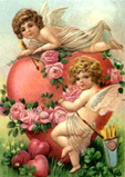 Winged cherubs and a giant pink love heart hung with roses