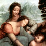 Mary sitting with Saint Anna, her mother, and leaning down to play with the baby Jesus