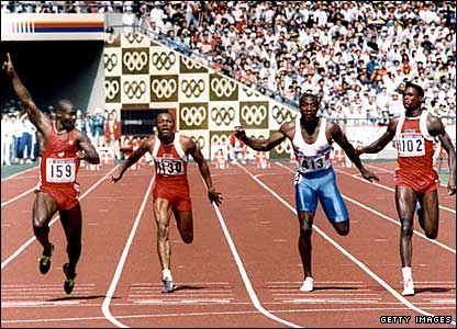 Canada's Ben Johnson (left) 'wins' the 100m at the 1988 Olympic Games from America's Carl Lewis (right) with Britain's Linford Christie (second right) third