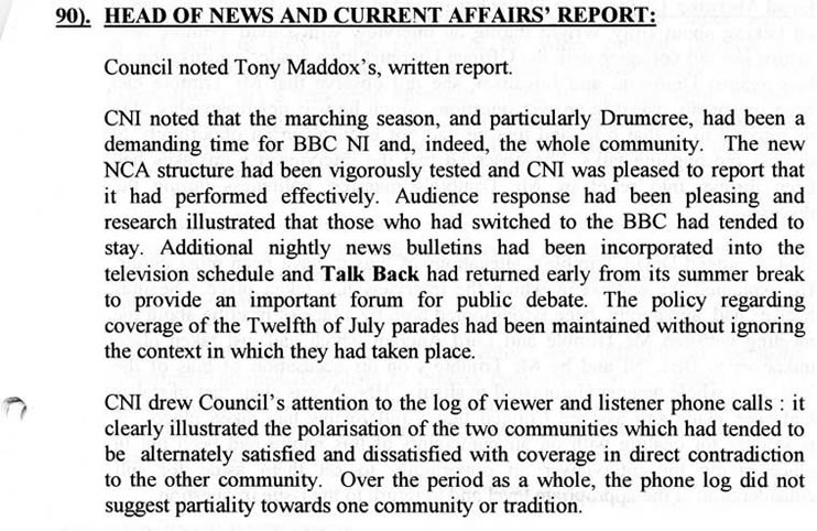 Extract of Minutes from Broadcasting Council Northern Ireland 20th September 1996