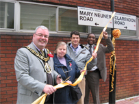Opening of Mary Neuner Road. Mayor of Haringey Cllr Alan Dobie, Mary Neuner's daughter: Renata Campbell & her son Michael Campbell & Cllr Brian Haley