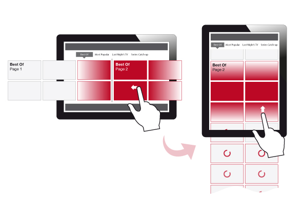 Mockups showing a horizontally scrolling carousel in landscape orientation; and a more conventional two-column layout in portrait.