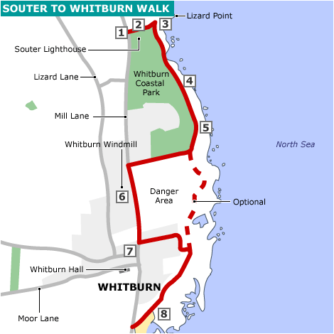 Map showing route of Souter to Whitburn walk