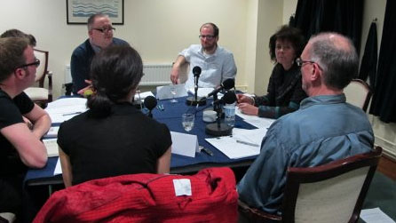 Poetry Workshop members Howard Ingham, Becky Lowe, James Angel, Alan Kellermann, presenter Ruth Padel and Tim Evans.