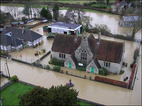 Aerial shot of a flooded school