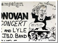 A poster for a concert starring Donovan and featuring an Edward Heath cartoon.