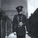 Fireman Fred standing in front of the Gas Storage Tank before it was bombed. Middlesbrough 1941