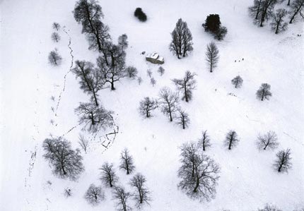 Aerial view of Hyde Park in snow.
