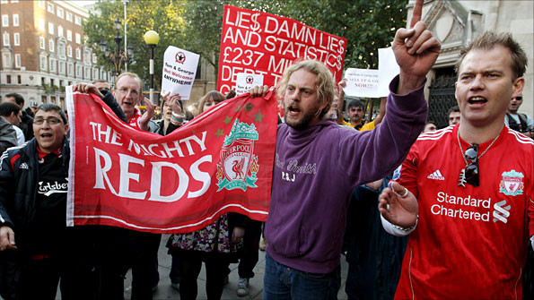 Liverpool fans protest outside the High Court