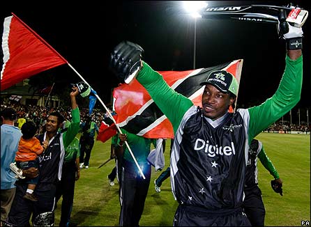 Chris Gayle celebrates victory over England