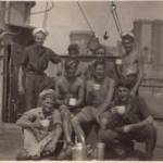 "The Flag Deck Tea Party". Len, arrowed with shipmates on HMS Thruster.