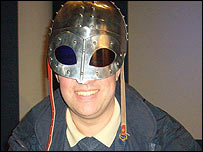 Ian Cheeseman in a Viking helmet with 3-D lenses