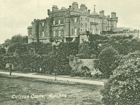 Black and white view over formal gardens to Culzean Castle.