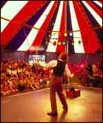 Performer in tent at the Godiva festival 