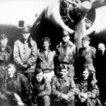 A photo taken by Russians at Bydgoszcz in March 1945. First row (left to right): Sgt J. Tonsic, Sgt T. Vance, Sgt A. Paolo, an unknown Canadian Corporal, Sgt B. Gasda, Sgt S. Fieldman. Second row: two Soviet officers, Lt. Bud Abbott, F/O T. Hale, F/O P. Kernan, a Soviet officers, two Russians.