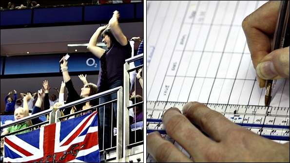Fans at the O2 (left), Alison Mitchell's neatly-ruled notes (right)