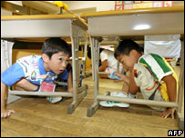 Sıraların altında Japon ilkokul çocukları