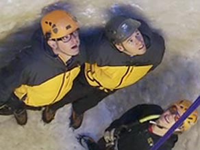 Chris & Jonny climb a vertical ice wall