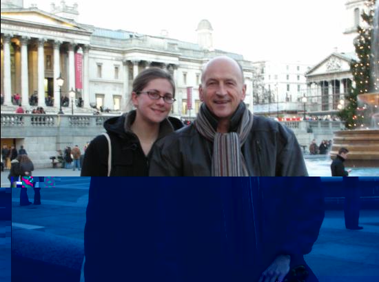 In Trafalgar Square, with the Norwegian Christmas tree (right) and the National Gallery (left).