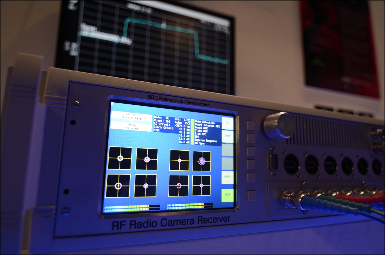 The spectrum analyser demonstrating the performance of the halfRF system at IBC